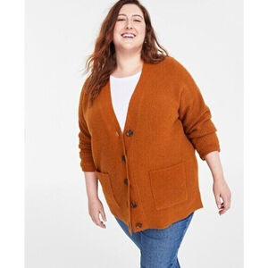 On 34th Plus Size Long Patch Chunky Knit Pocket Pecan Brown Cardigan NWT